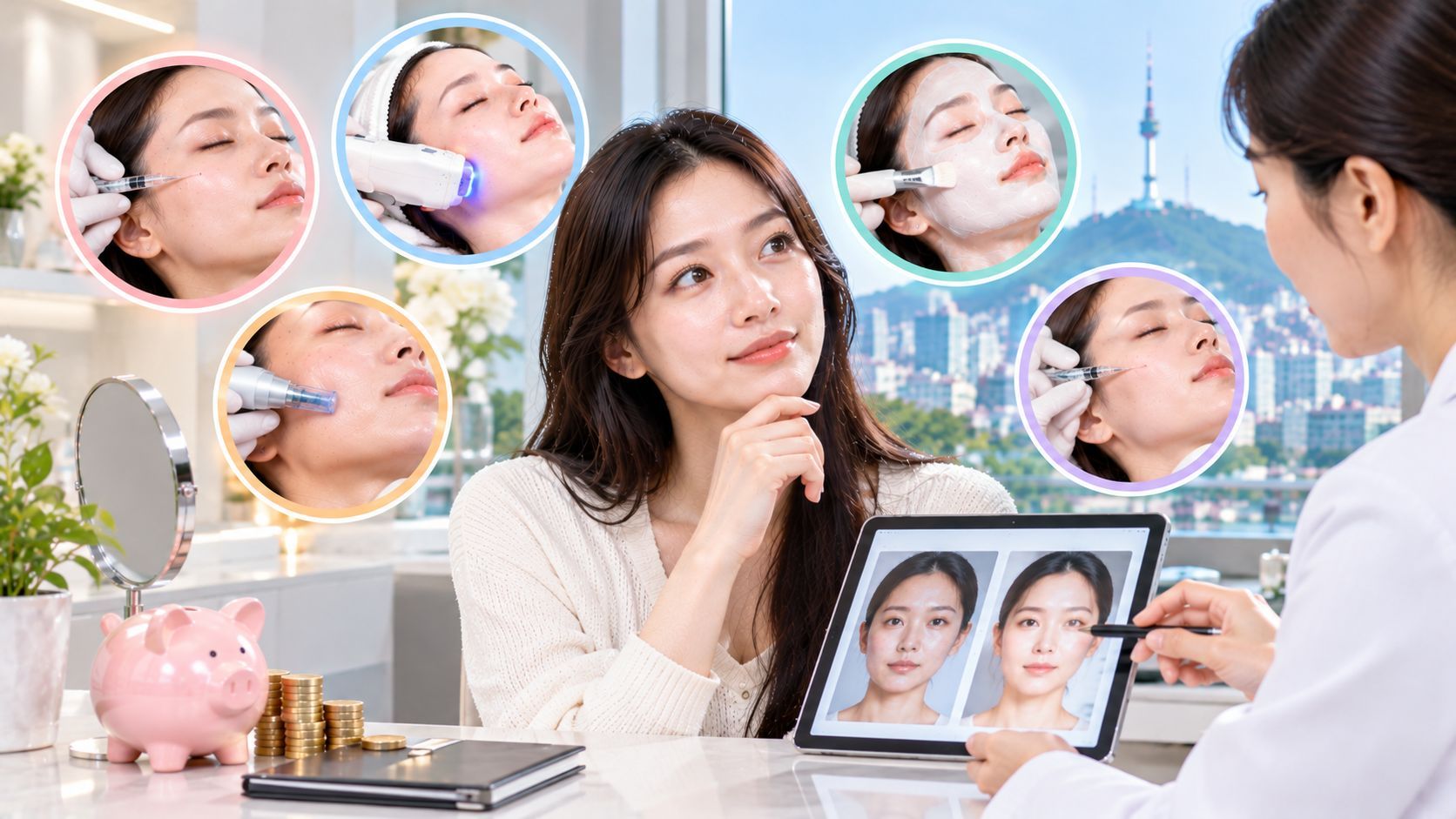 Woman comparing Korean anti aging treatments with aclinic specialist to maximize results on a $1,000