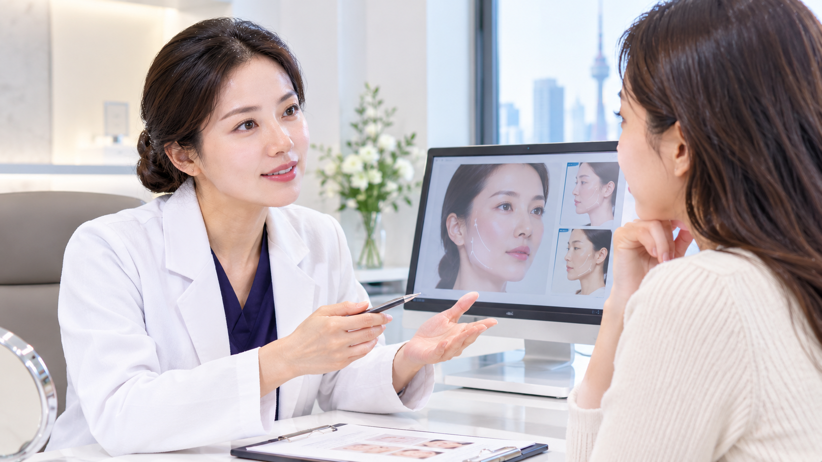 Woman consulting a Gangnam dermatologist about facial lifting treatment options and risks