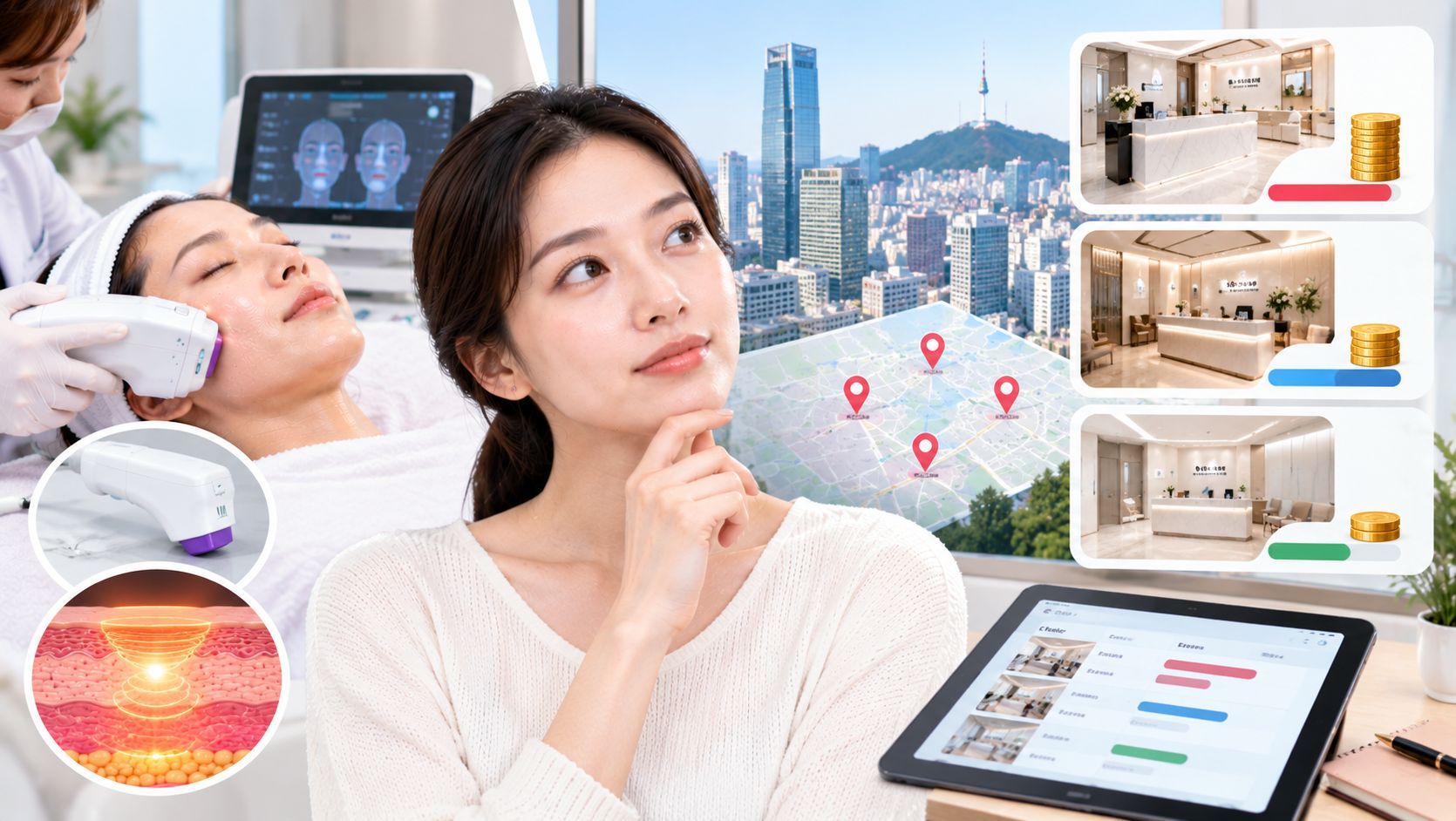Woman comparing Thermage treatment prices, clinic quality, and skin tightening options in Gangnam.