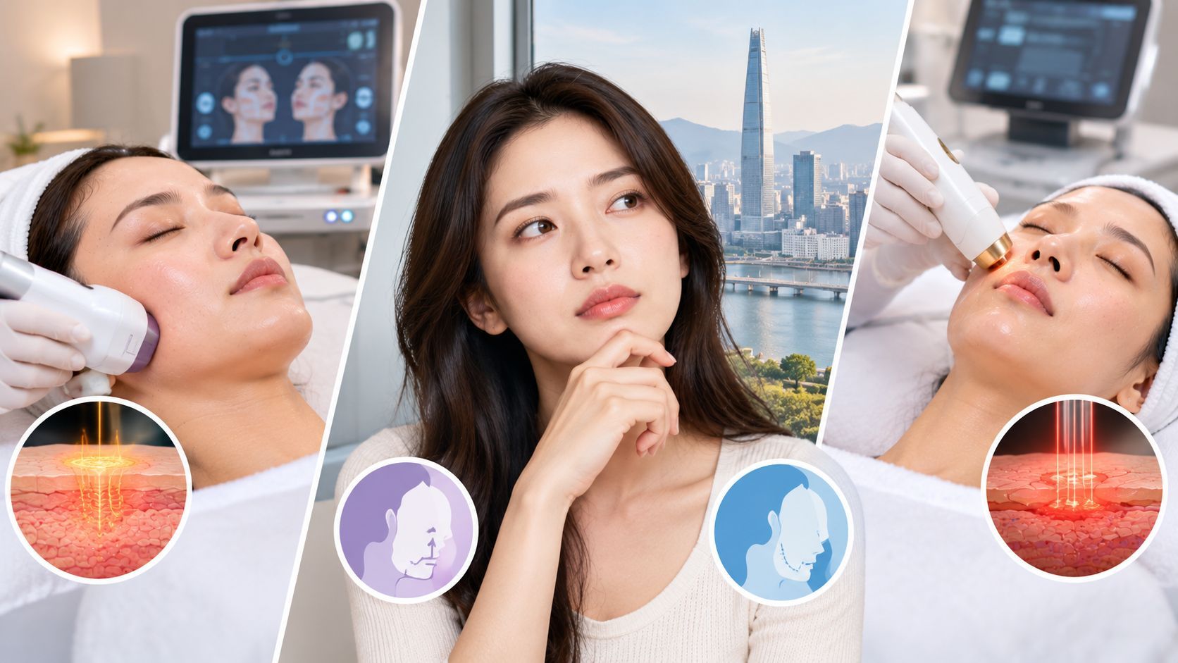 Thermage vs Ultherapy in Gangnam, comparing facial lifting treatments and combination options.