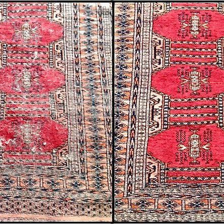 A before and after picture of a rug that has been cleaned.