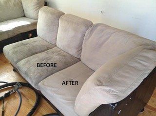 A before and after picture of a couch in a living room.