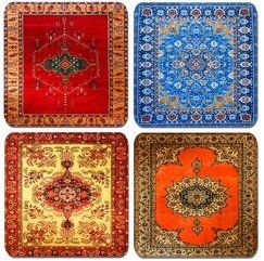 A set of four coasters with different patterns on them.