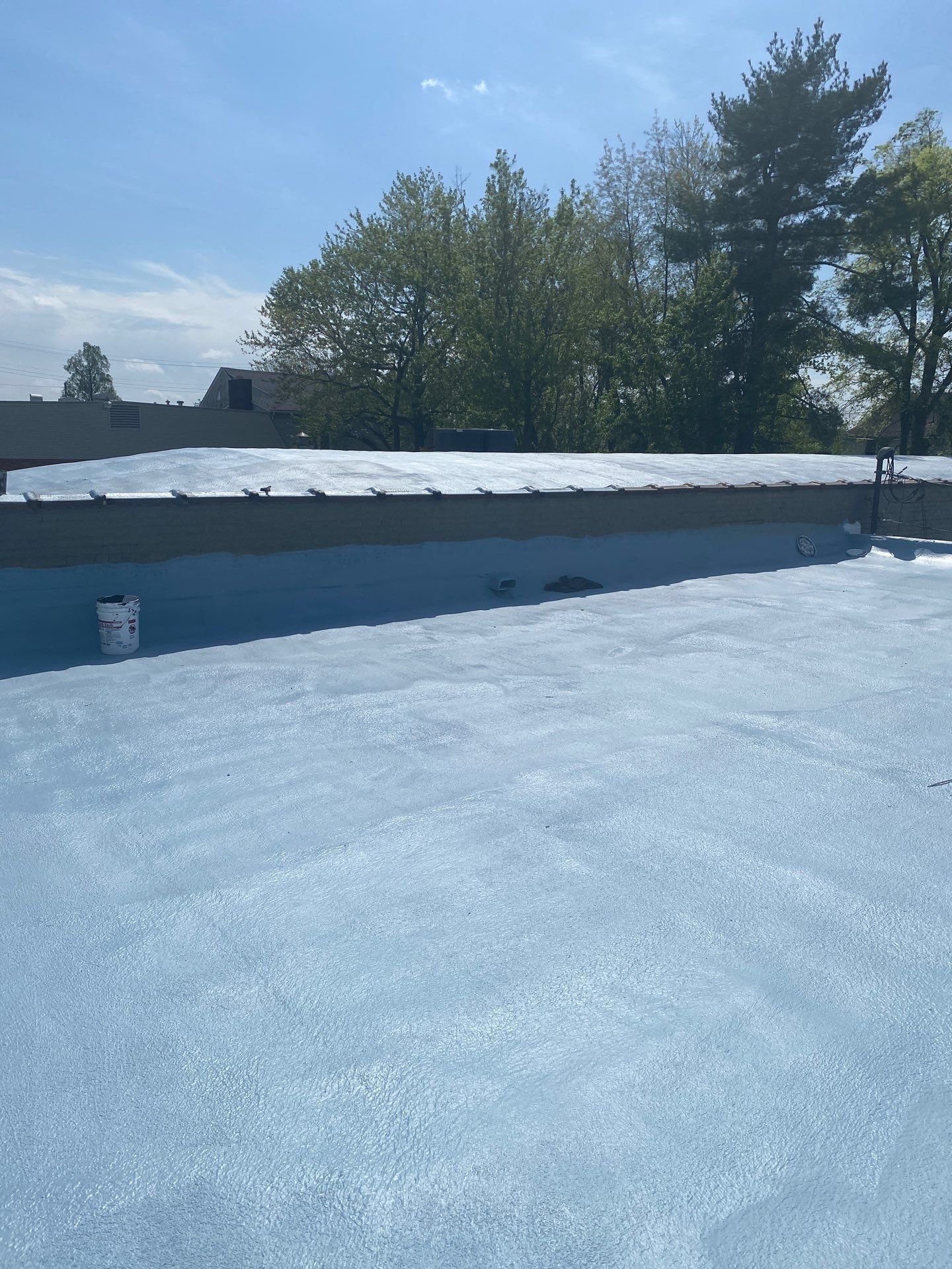 A roof with a bucket of paint on it and trees in the background.