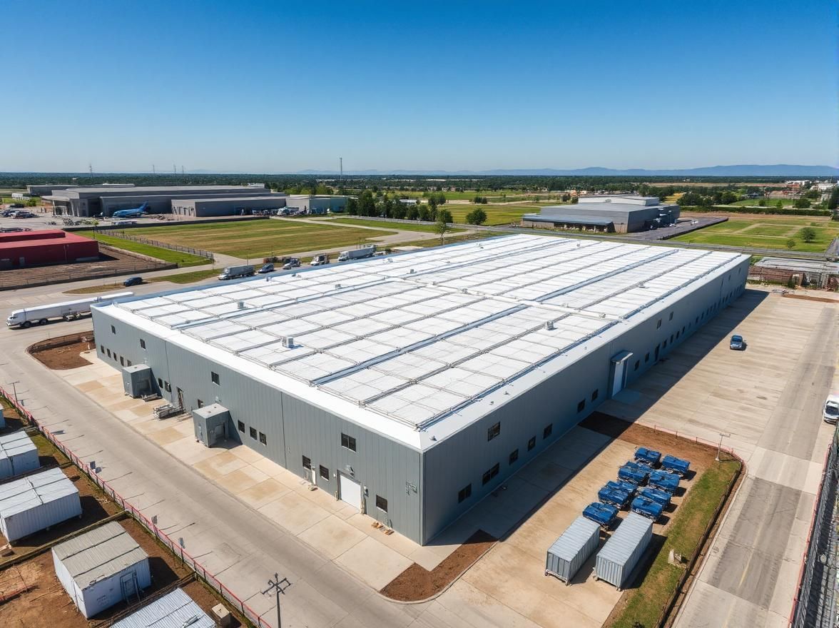 An aerial view of a large warehouse in a industrial area.