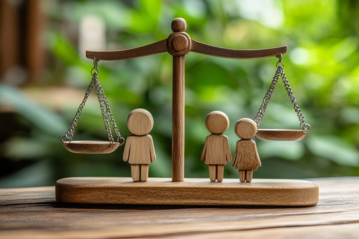Wooden family figures and empty scale balancing on a table, child custody and justice concept
