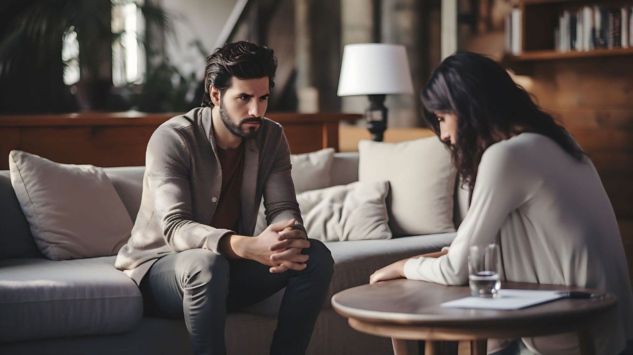 couple sitting in front of each other with disappointed look on their faces
