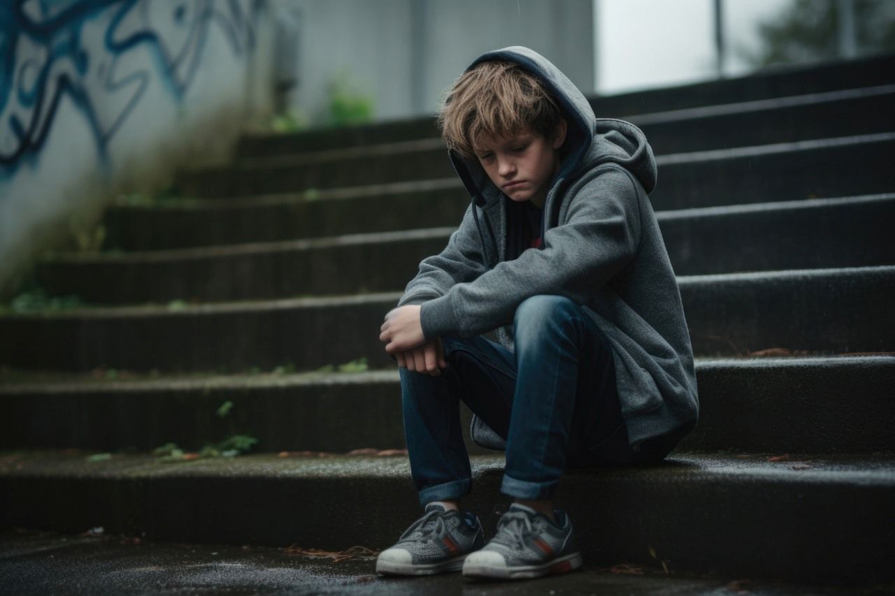 boy sitting alone at stairs