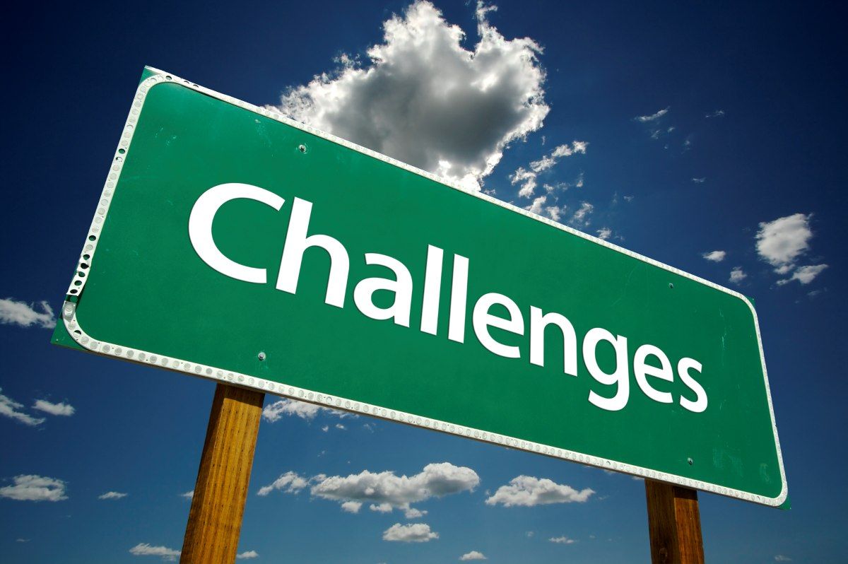 challenges painted on green road sign