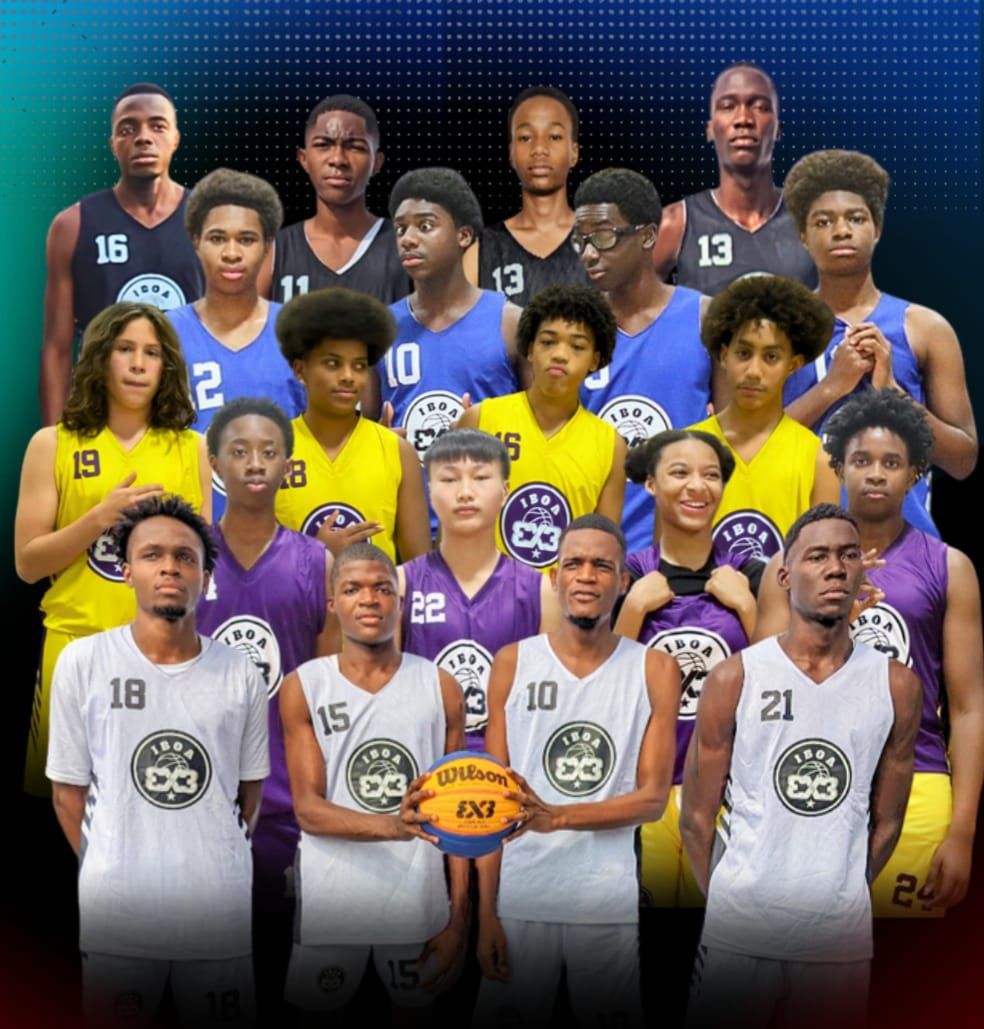 Five IBOA 3x3 teams of four players each posing together at the first annual IBOA 3x3 NACLA CUP tournament.