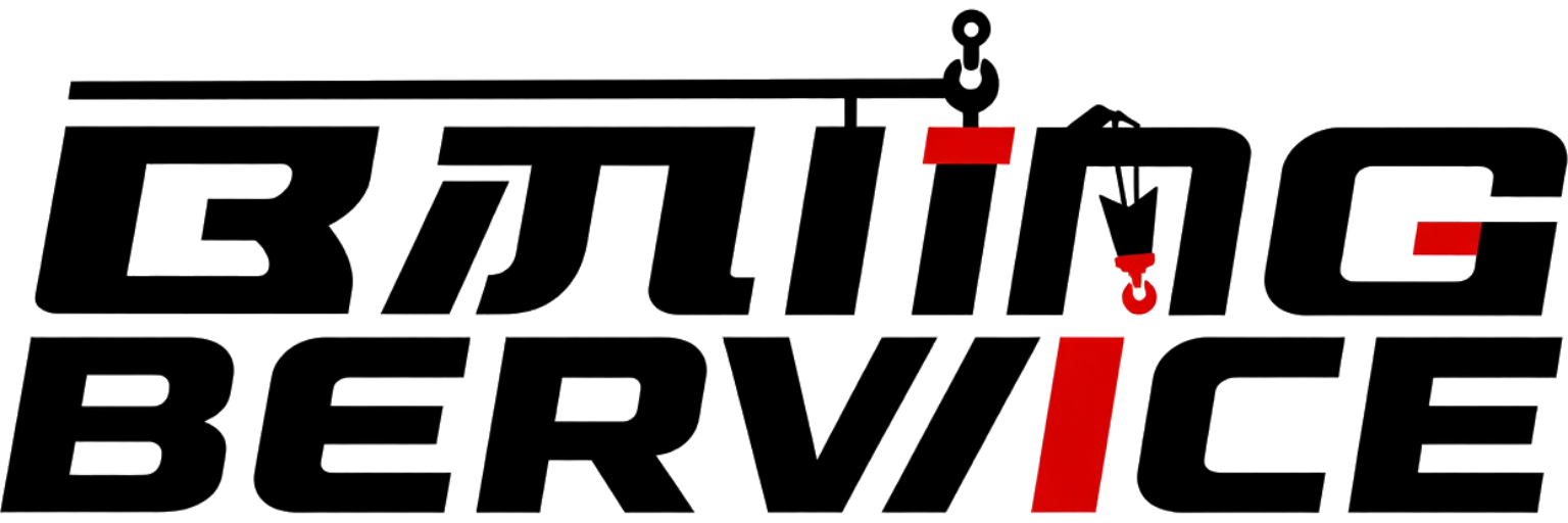 Logotipo estilizado en negro y rojo de “BMTING BERVICE” con un icono de una percha colgando sobre el texto.