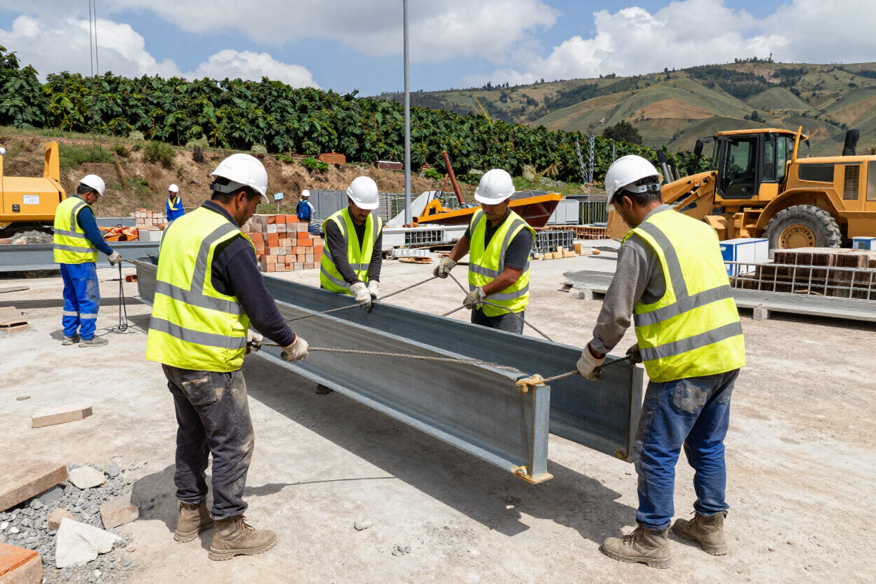 Obreros de la construcción con chalecos de seguridad y cascos transportando una viga de acero en una obra.