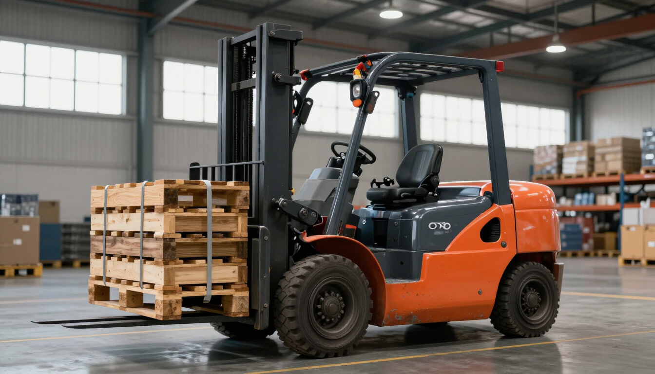 Una carretilla elevadora naranja en un almacén levanta palés cerca de cajas de madera apiladas.