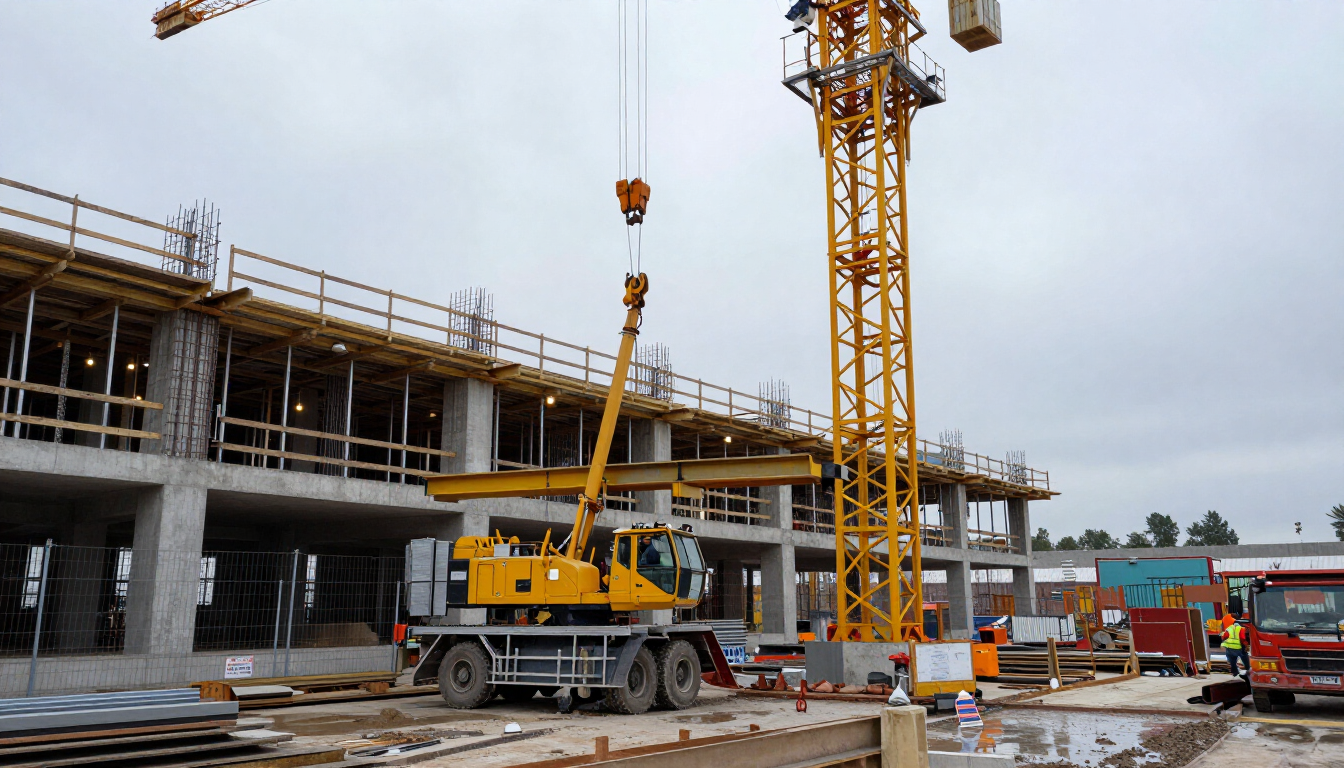 Obra en construcción con una grúa amarilla levantando materiales junto a una estructura de hormigón parcialmente construida.