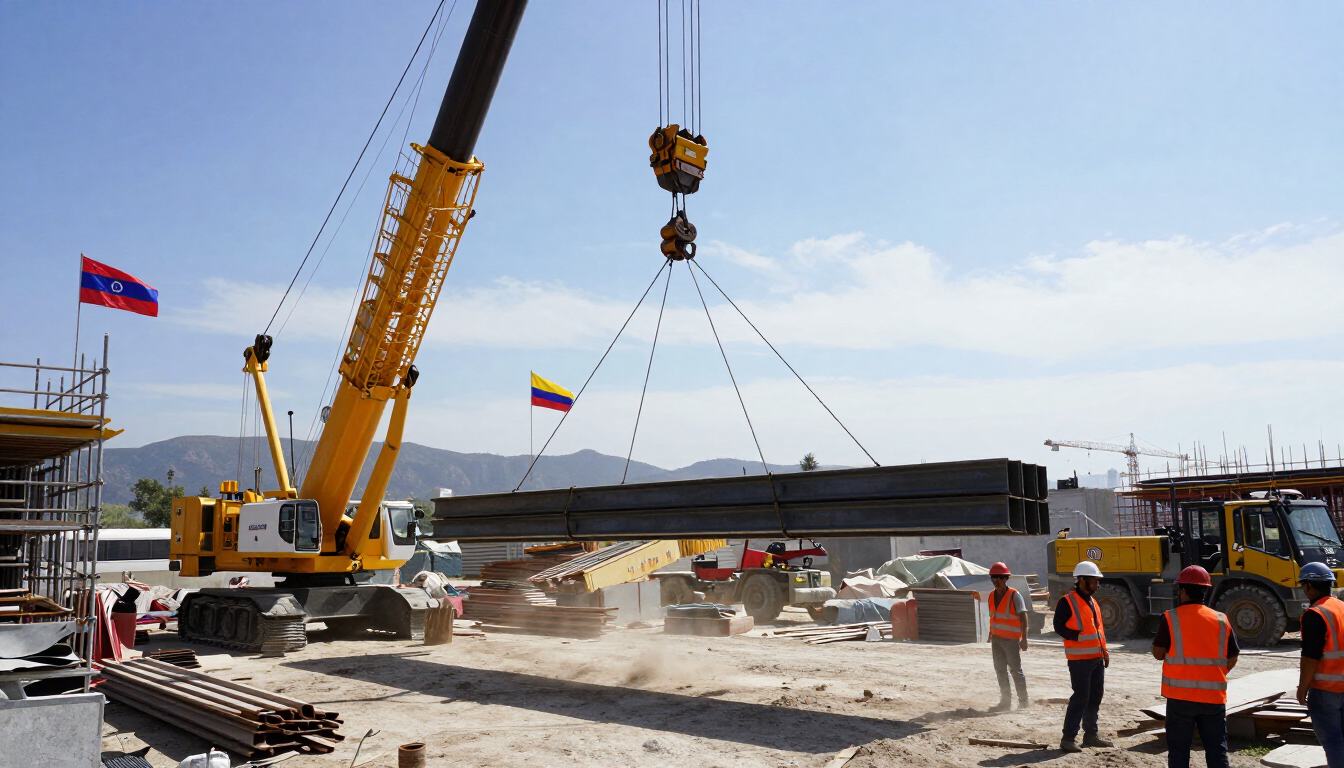 Obra en construcción con una grúa levantando una gran viga oscura, mientras trabajadores con chalecos naranjas permanecen cerca.