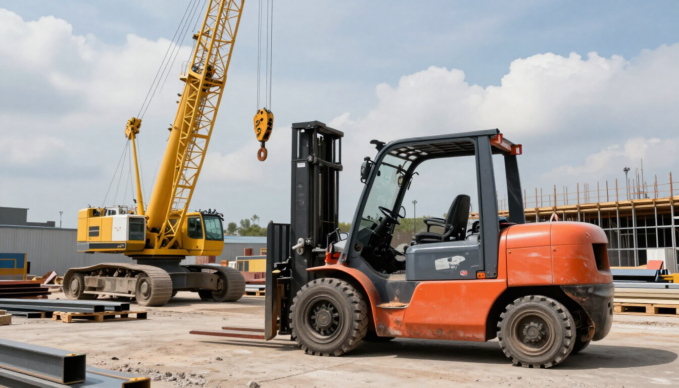 Carretilla elevadora naranja en una obra de construcción junto a una grúa amarilla y materiales de construcción.