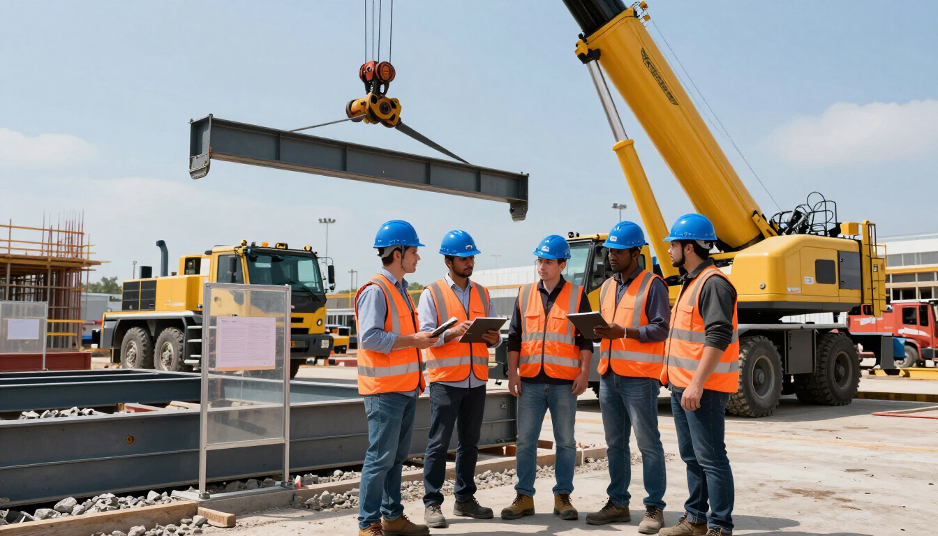 Equipo de construcción con chalecos naranjas y cascos azules en una obra donde una grúa levanta una viga de acero.