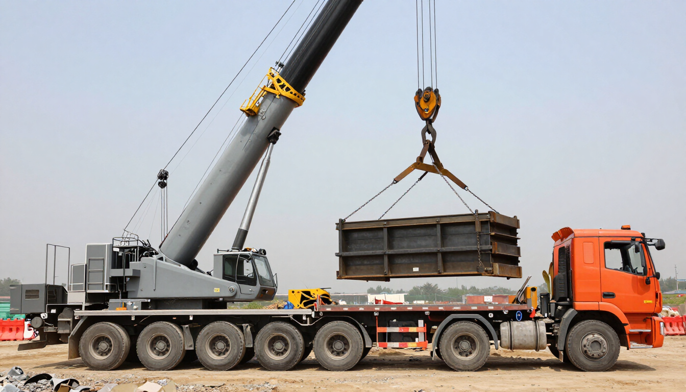 Grúa cargando una gran caja metálica en un camión de plataforma en un patio industrial.