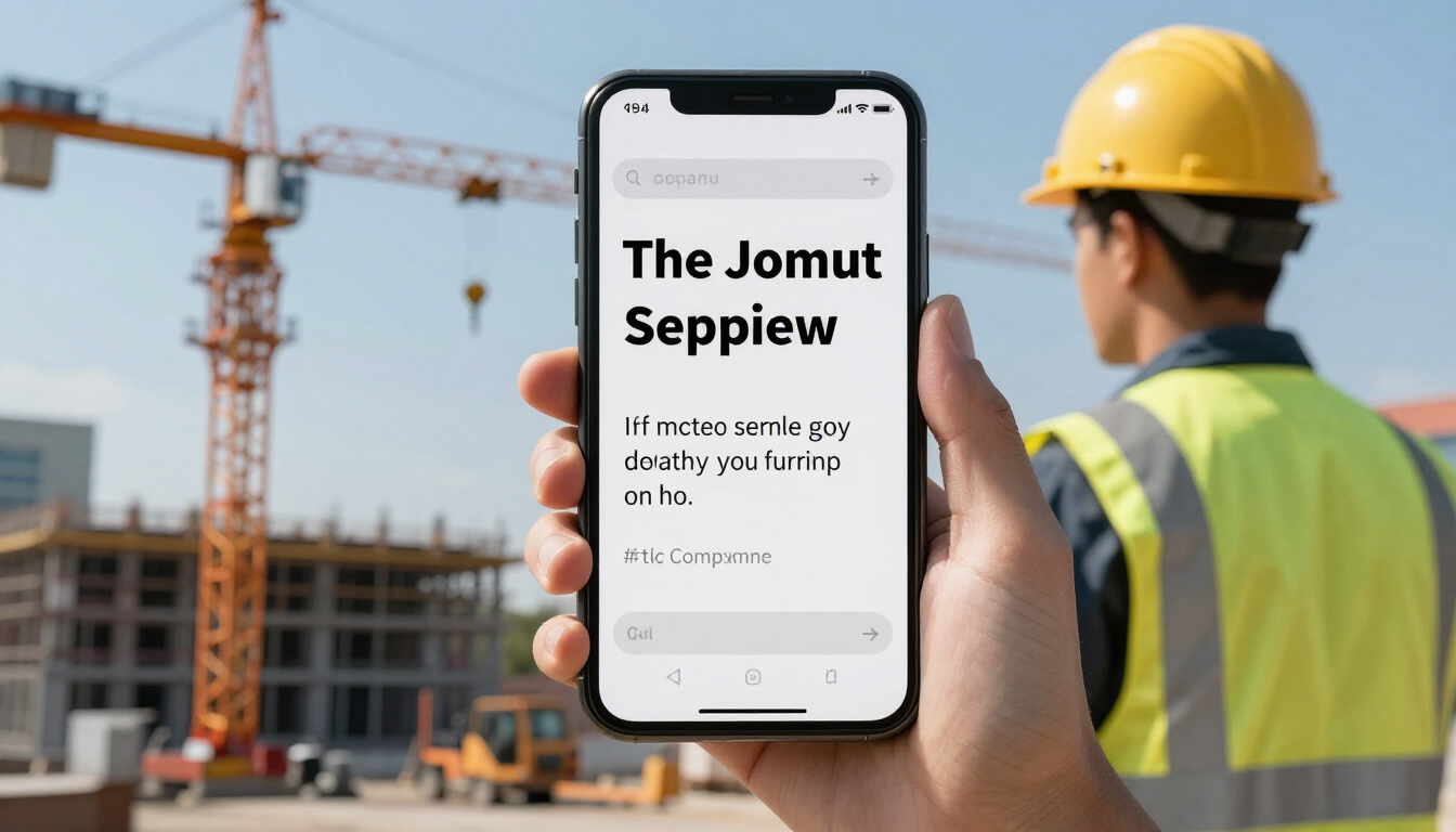 Obra en construcción con un trabajador con casco sosteniendo un teléfono inteligente que muestra una aplicación de búsqueda de empleo.