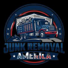 Logo of a red and blue junk removal truck with stars and the text “JUNK REMOVAL AMERICA”