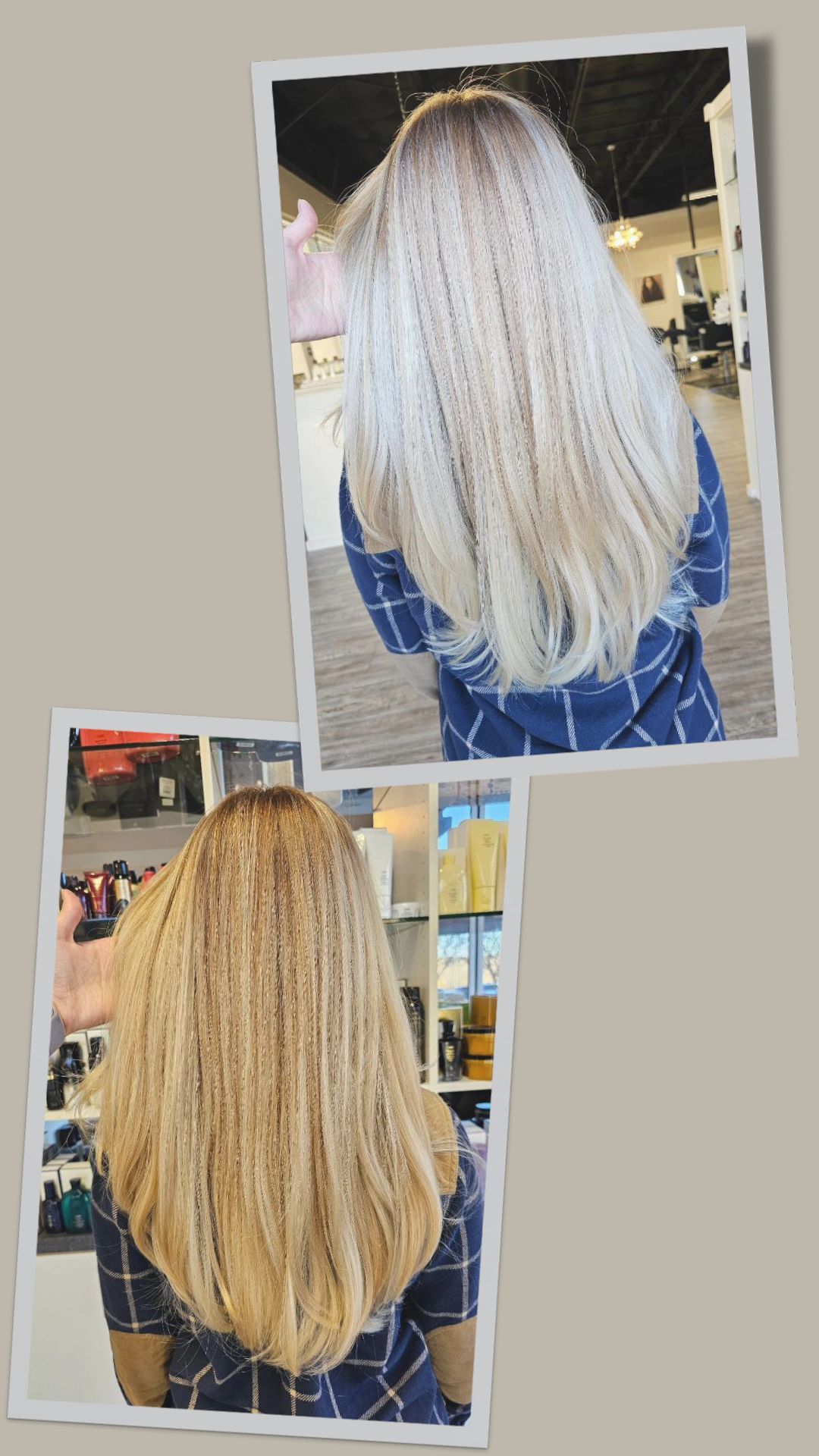 Top pic shows long straight blonde hair with cool tones. Bottom pic of same hair in different light has warm honey blonde tones.