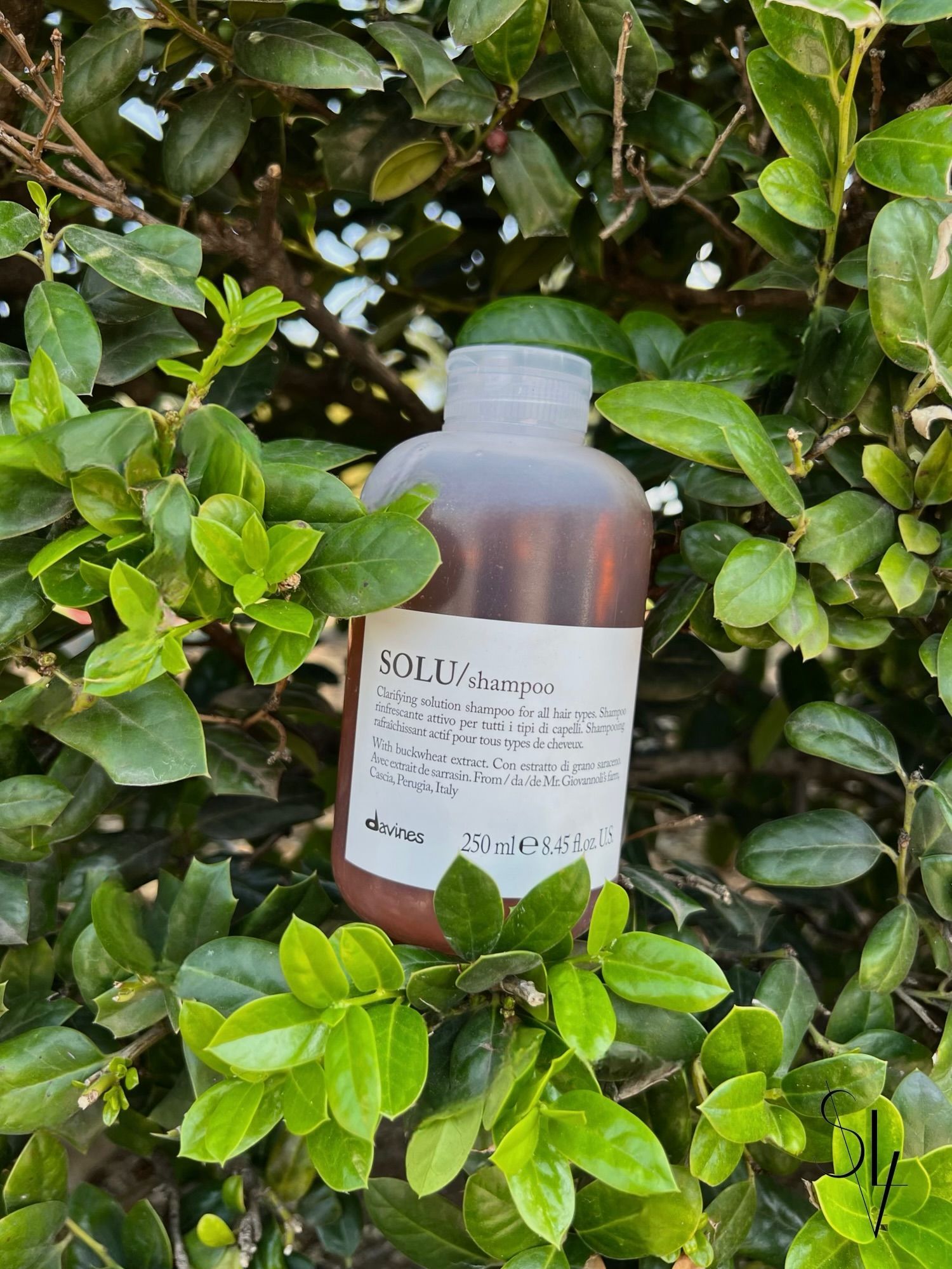 Transparent bottle with bronze liquid  and white label saying SOLU Shampoo.