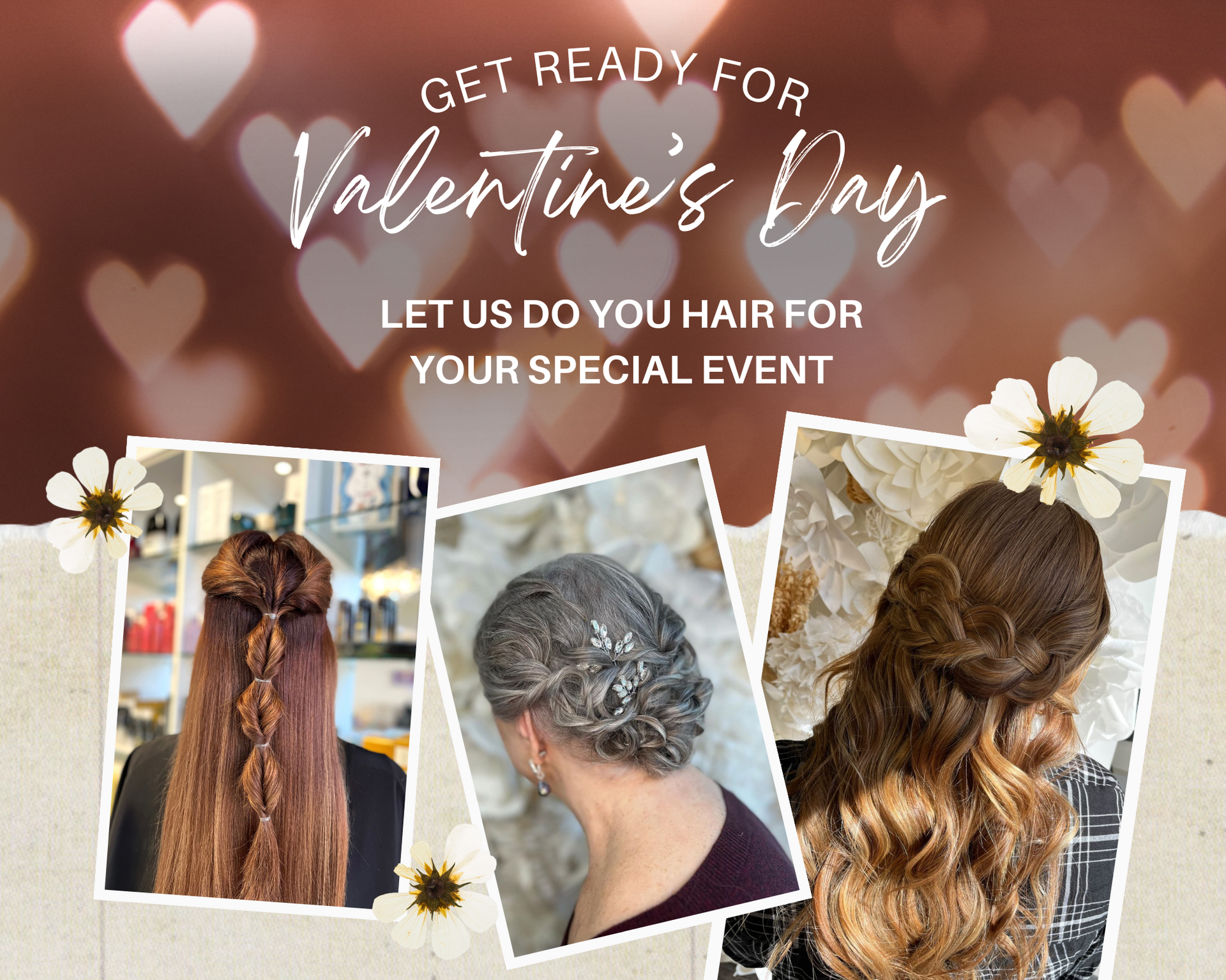 Special occasion - shows pics of long auburn hair & bubble braid on top, updo of gray braids & long brunette with top braid.
