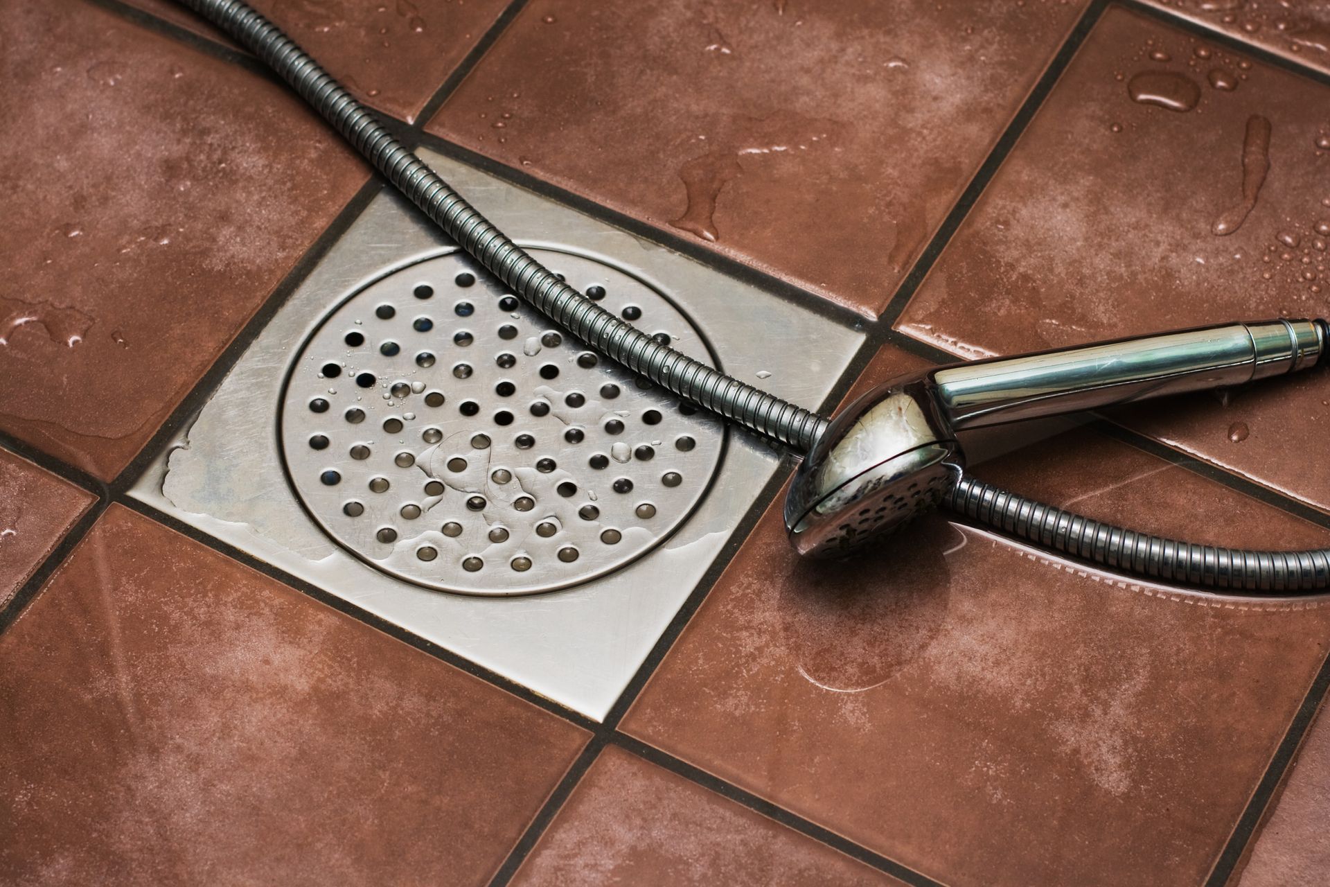 Shower drain with showerhead lying on red-brown tiled floor; metallic and wet.
