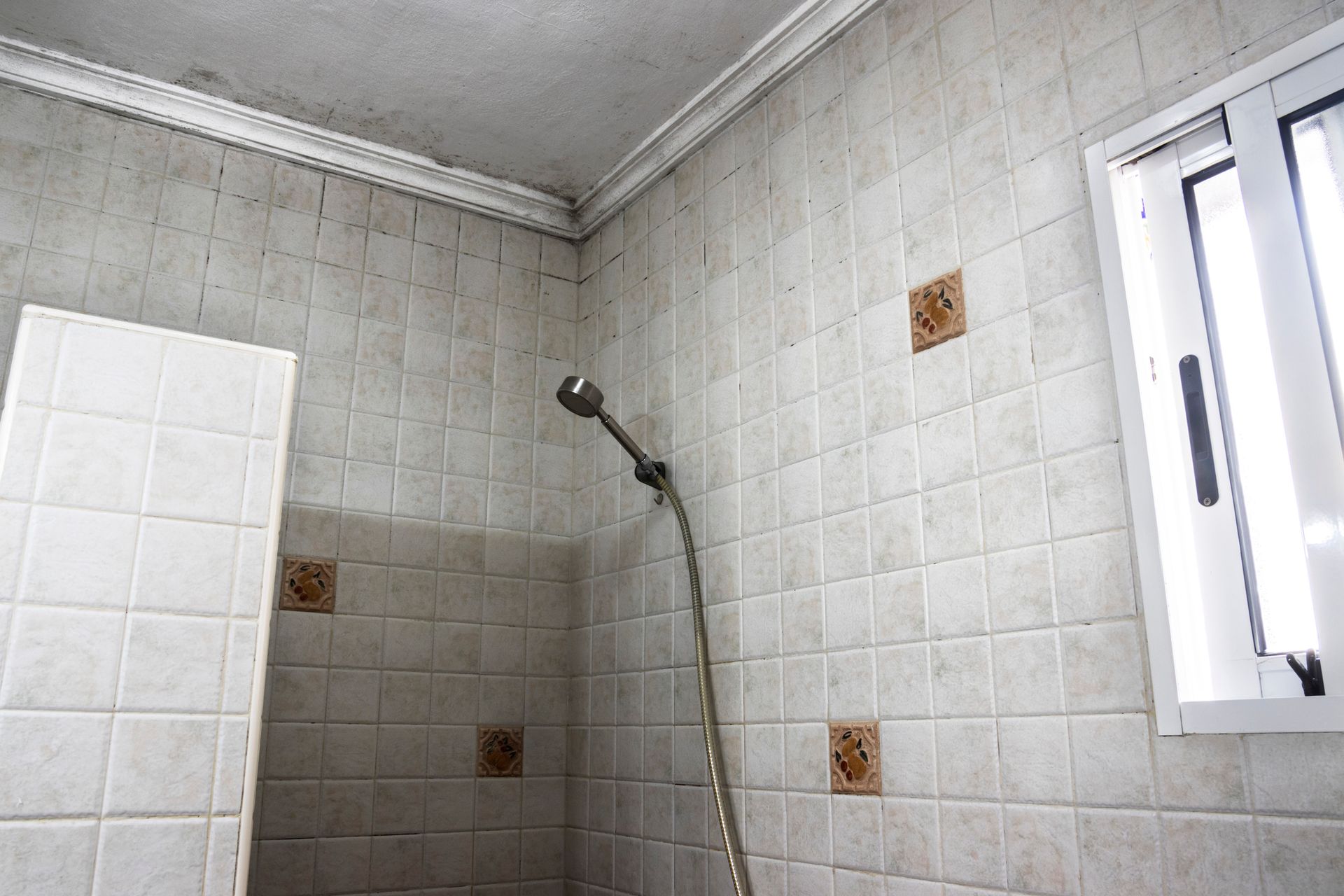 Shower with white square tiles, showerhead, and window. Tiles appear dirty.