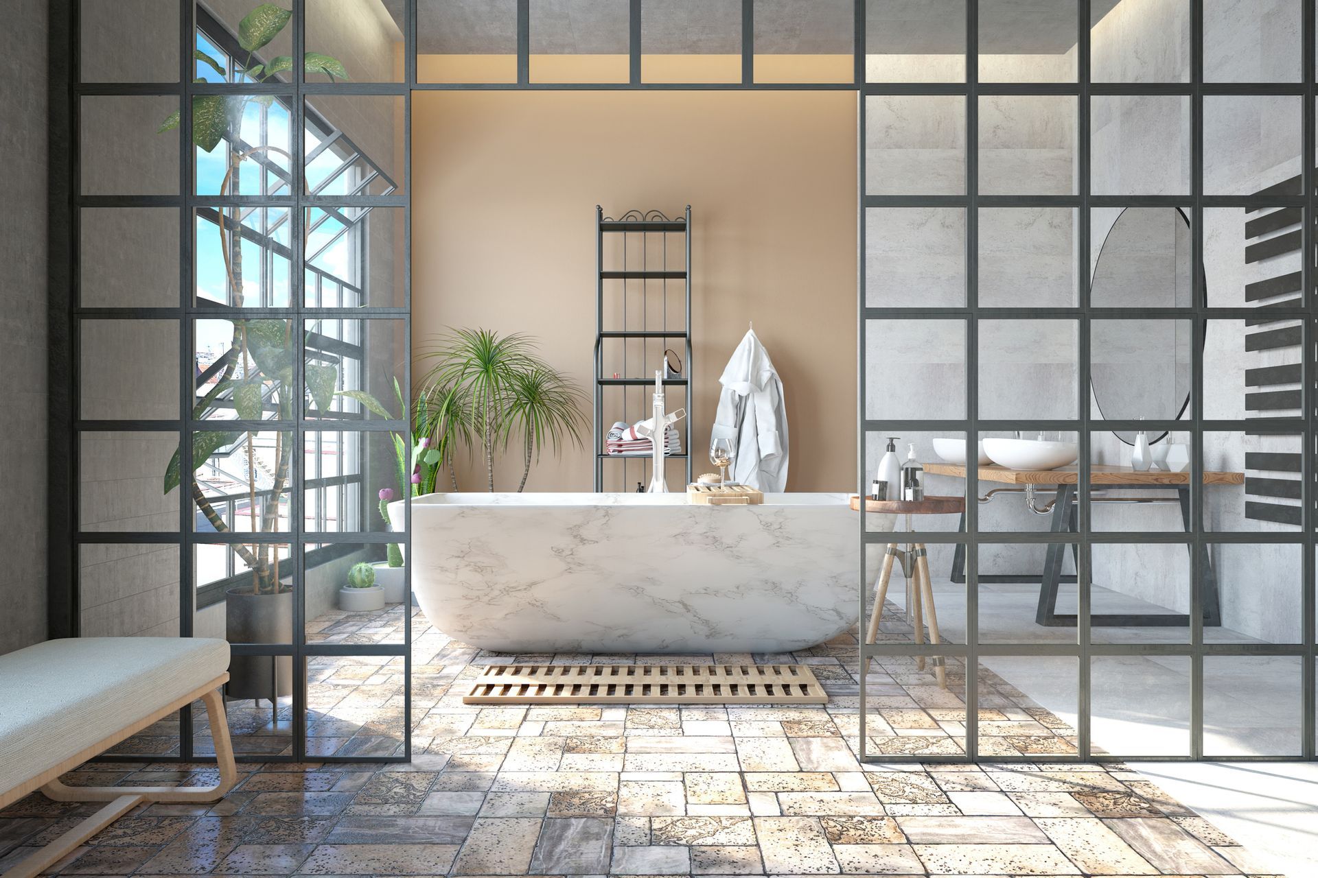 Modern bathroom with a stone tub, plants, and large steel-framed glass walls.