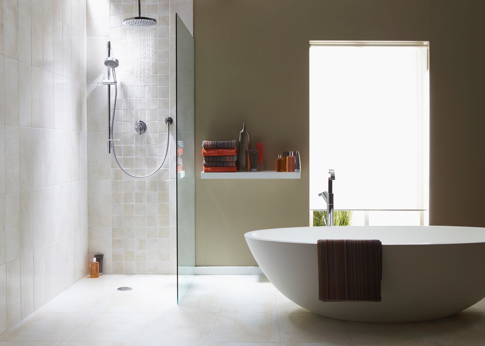 Modern bathroom with shower, bathtub, and window. Neutral colors, minimalist design.