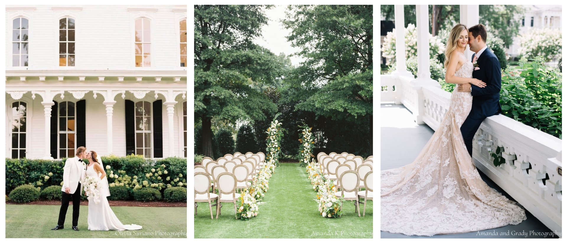 There are three photos within one photo. The left photo is a bride and groom kissing on a green lawn in front of a white house. The middle photo is a wedding ceremony set up in front of lush green trees and white cushion chairs in rows for the guests. The right photo is a bride in a long lace dress hugging her groom who is sitting on the side porch ledge.