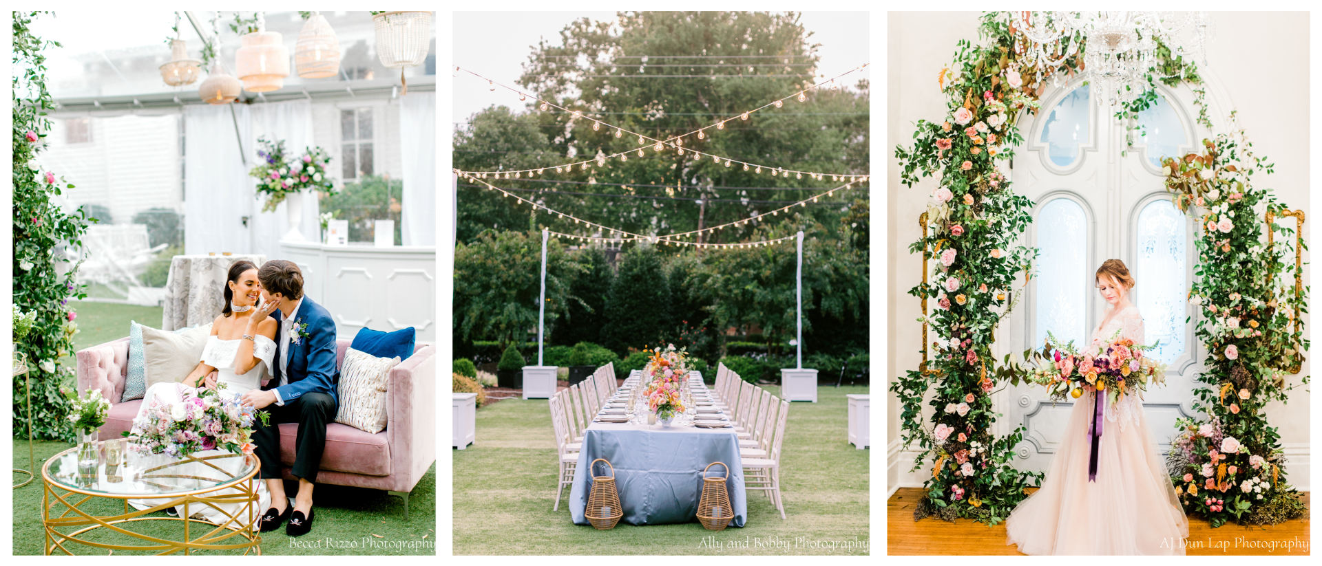 This photo has three photos within one photo. The left photo is a bride and groom sitting on a pink velvet couch smiling at each other. The middle photo is an intimate dinner table on the lawn under market lights with beautiful pink flowers cascading down the middle of the table. The right photo is a bride holding a large bouquet and is standing in front of a historic gray door that has flowers on each side of the door.