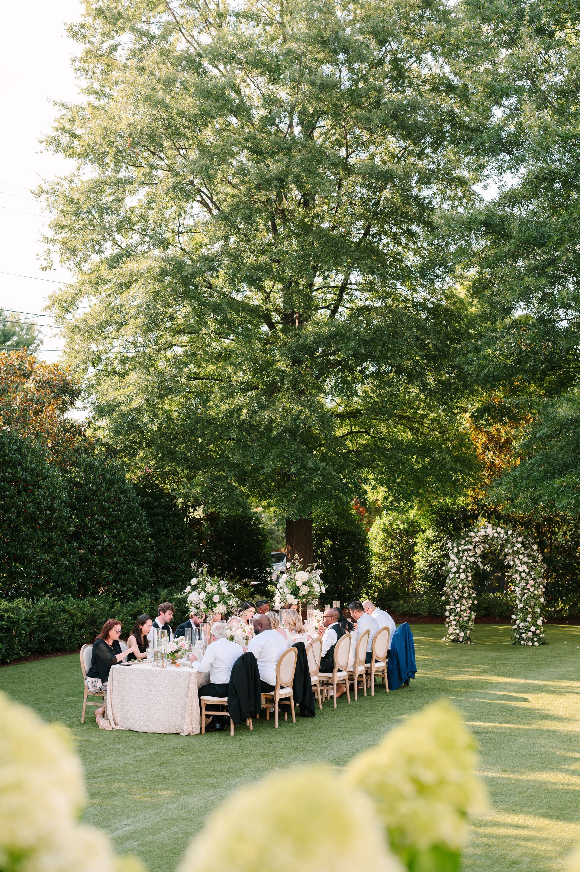 Intimate celebration in downtown Raleigh, garden wedding al fresco dinner at The Merrimon-Wynne House