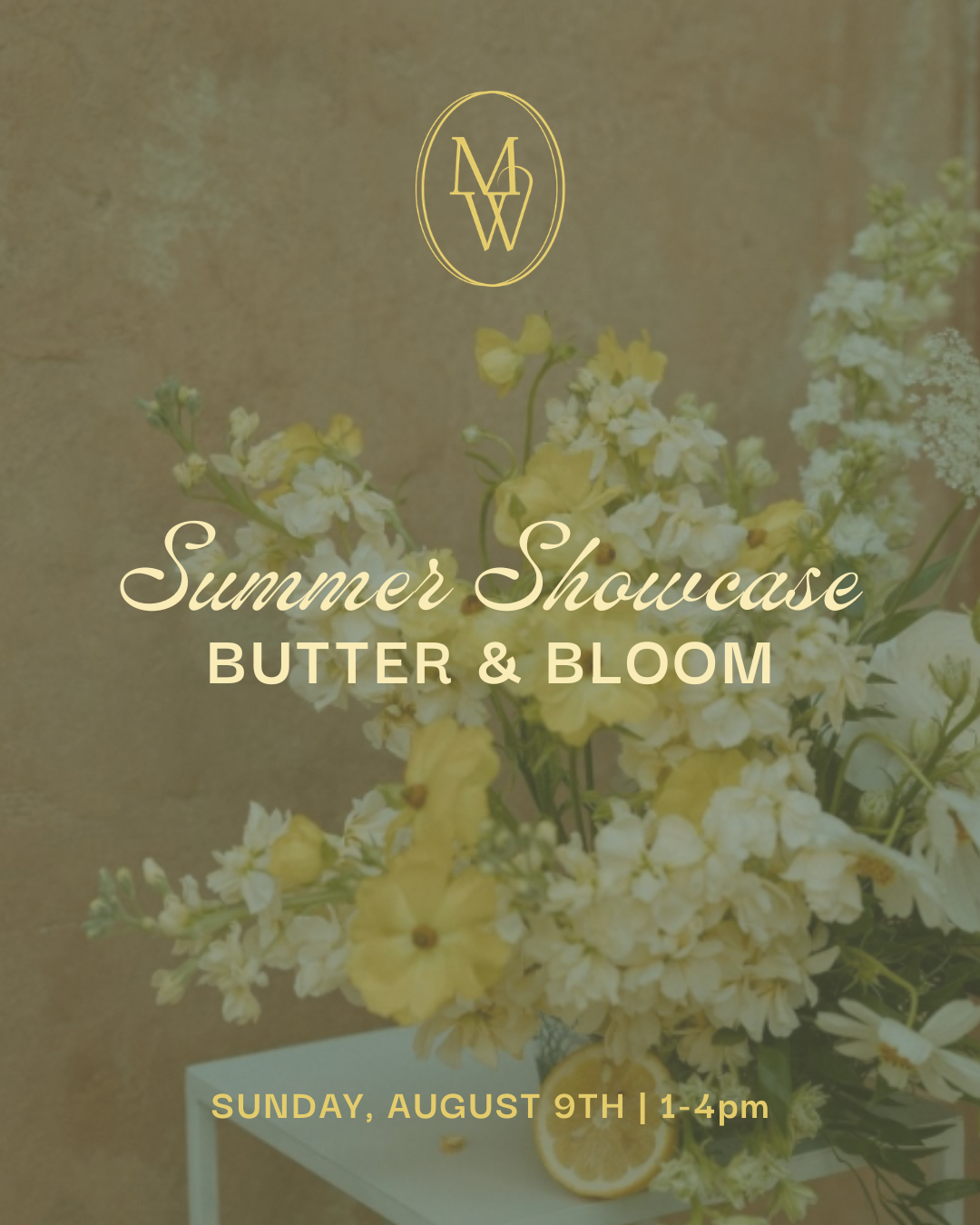 Wedding invitation cover with a bride and groom, pink text reading “TOUR & TOAST,” in a garden setting.