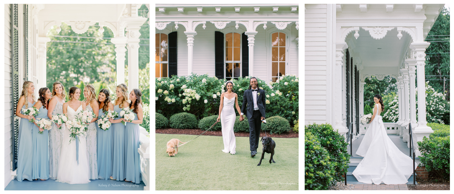 Three photos of a wedding: bridesmaids in blue, a couple walking two dogs in front of a house, and a bride on a porch.