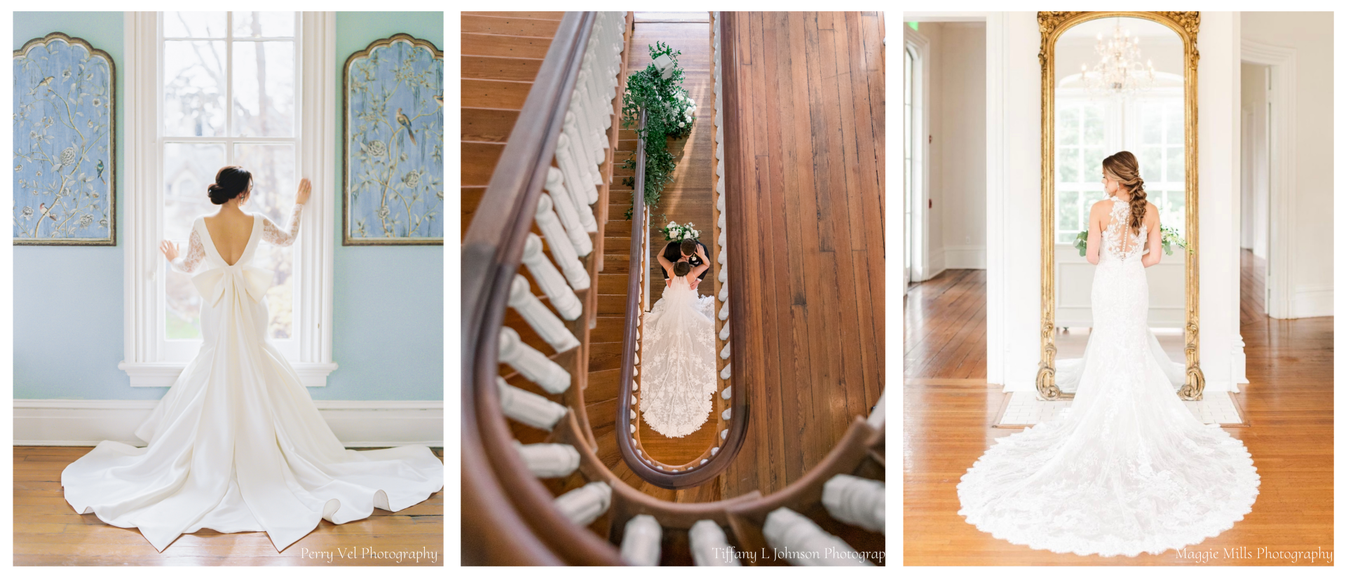 There are three photos within one photo. The left photo is a bride in a while long sleeve wedding dress is standing in front of a large window posing. The middle photo from an above angle on a large staircase with a bride and groom kissing at the bottom. The right photo is a bride standing with her back to the camera in front of a very tall gold historic mirror looking to her left.