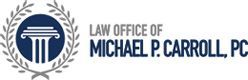 Law office logo with blue laurel wreath and column icon, text: Michael P. Carroll, P.C.