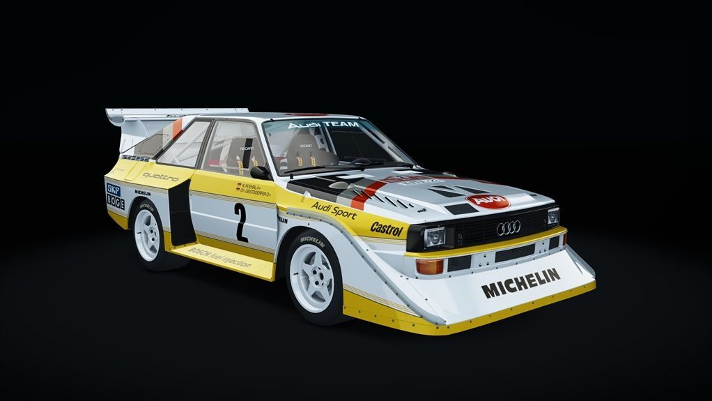 Weiß-gelbes Rallyeauto mit Rennaufklebern auf schwarzem Hintergrund