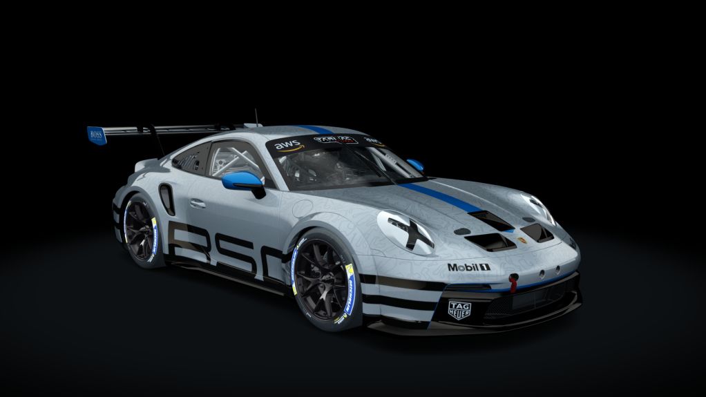 Silberner Porsche-Rennwagen auf schwarzem Hintergrund, mit blauen Akzenten und Sponsorenaufklebern.