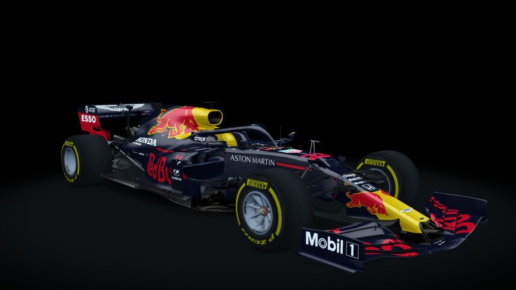 Red Bull Formel-1-Rennwagen auf schwarzem Hintergrund, dargestellt in Rot, Gelb und Dunkelblau.