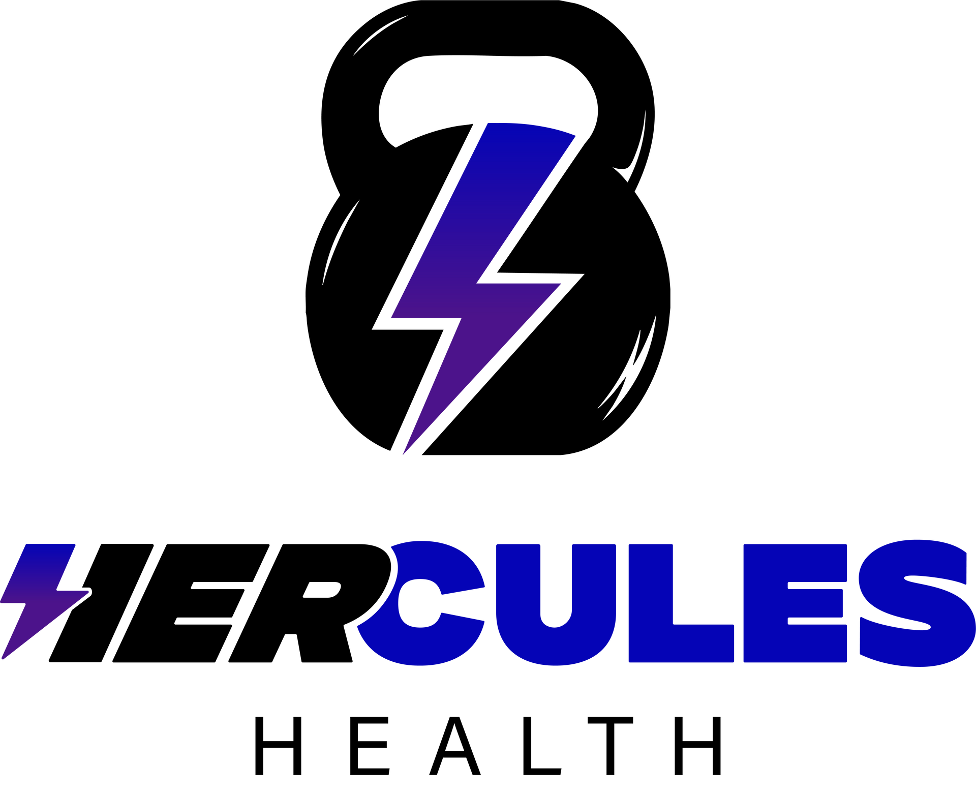 The logo for hercules health is a kettlebell with a lightning bolt on it.