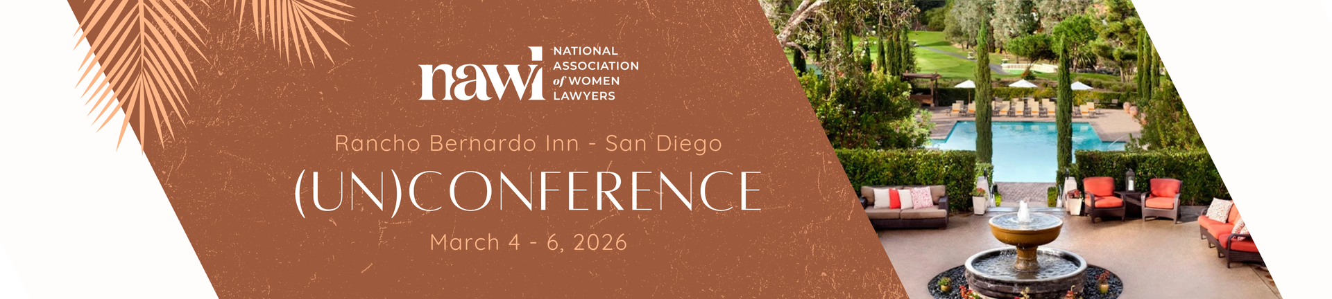 Header with conference logo and image of outdoor seating area by pool.