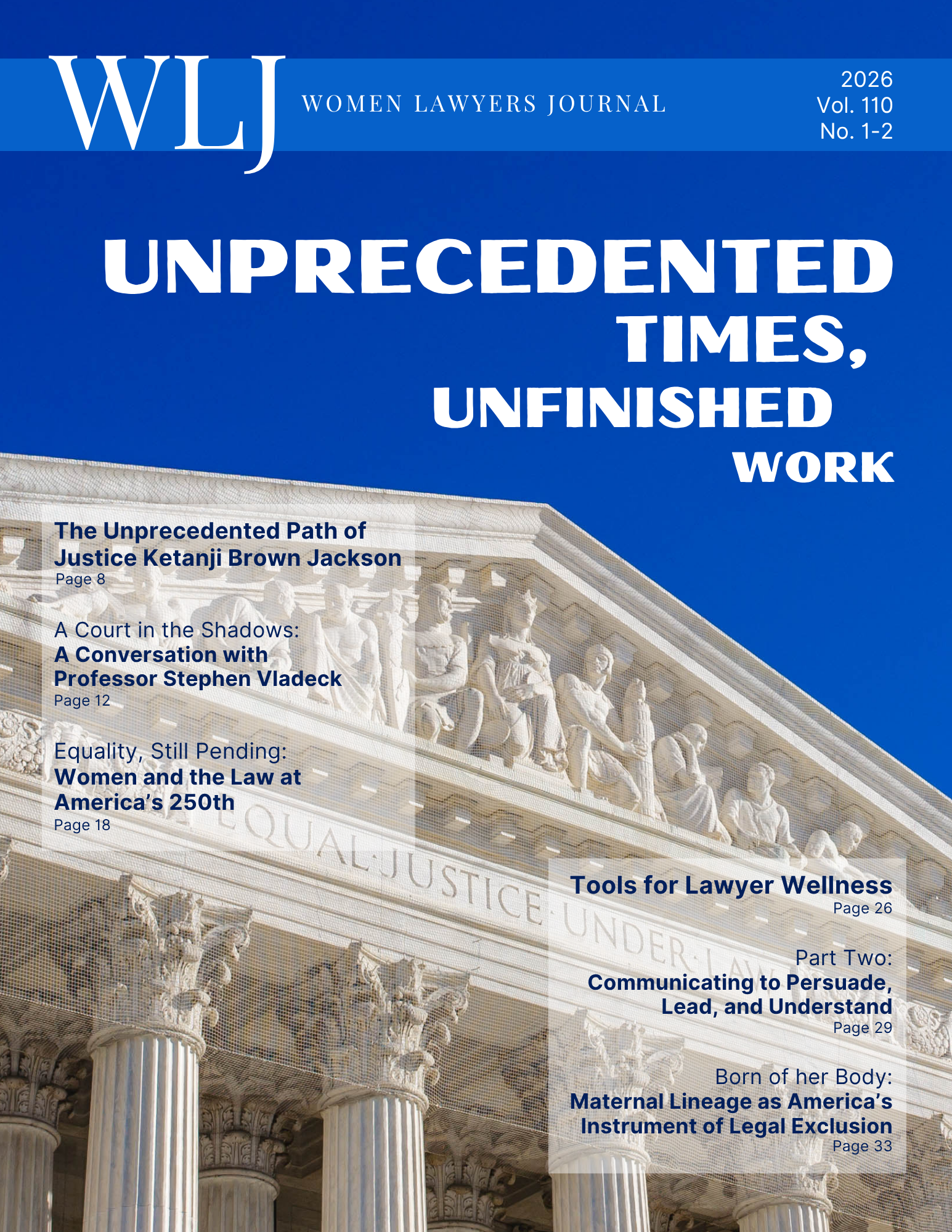 Cover of Women Lawyers Journal, Volume 110, No. 1-2.