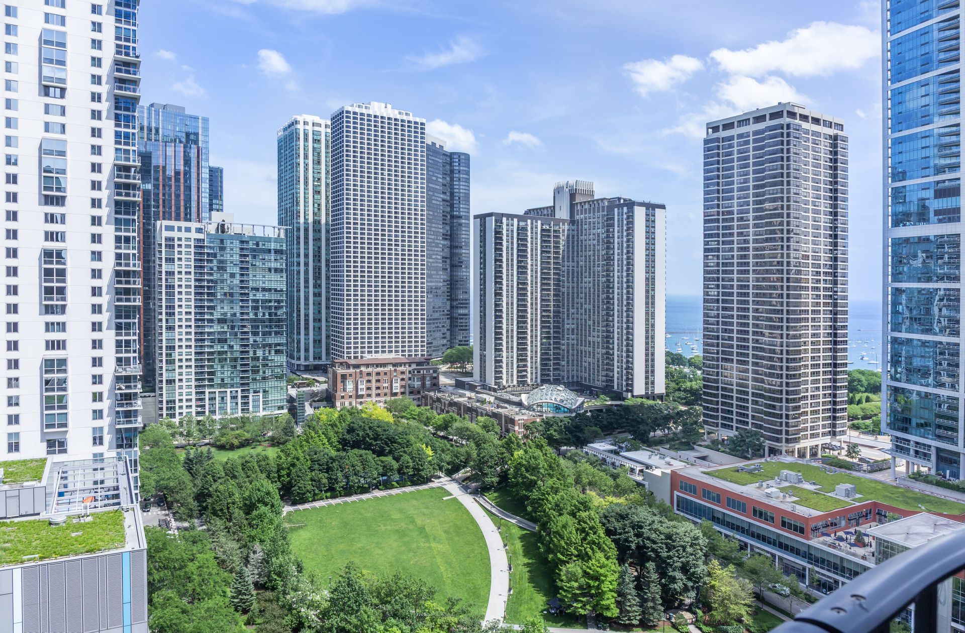 View of a park and Lake Michigan from the Radisson Blu Aqua Hotel.