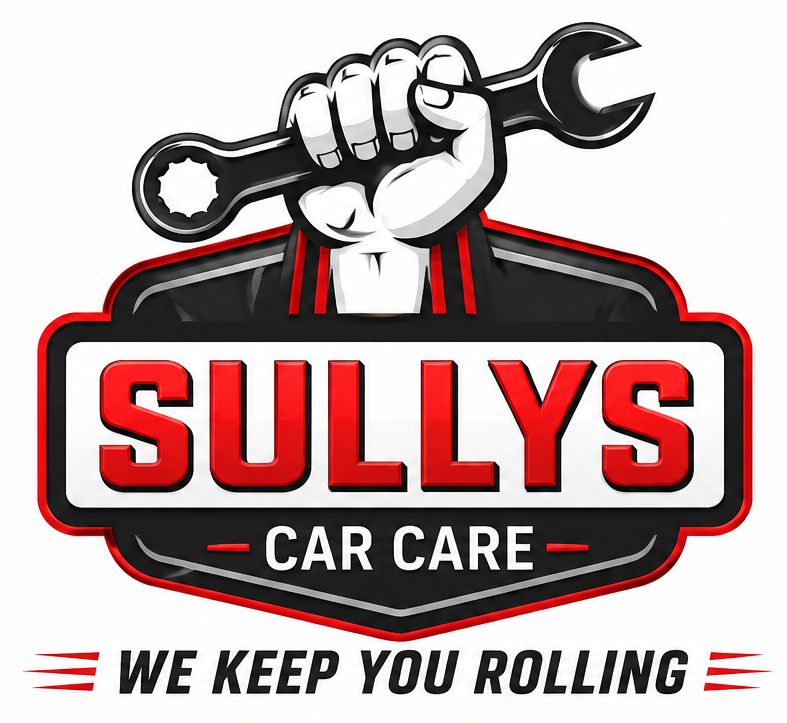 Sullys Car Care logo with a hand holding a wrench and the tagline &ldquo;We Keep You Rolling&rdquo;