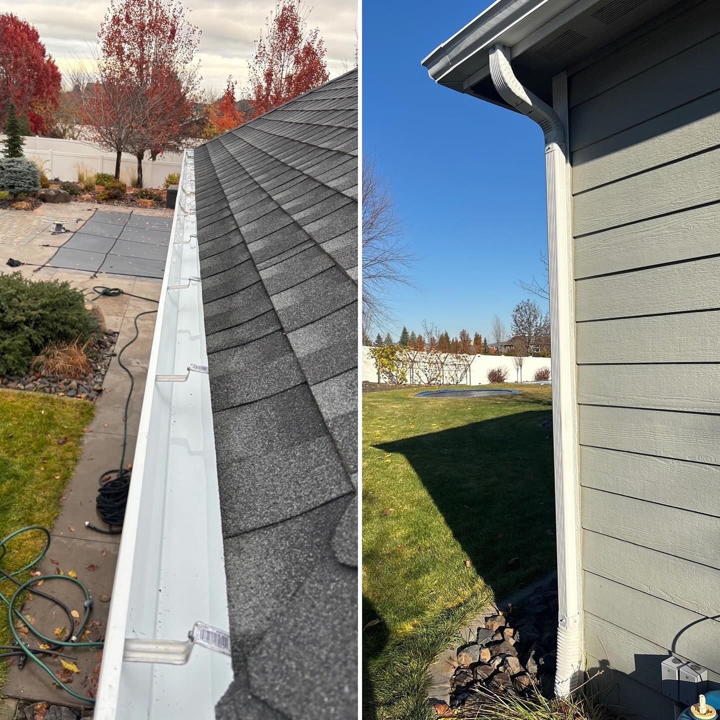 Side-by-side view showing a white roof gutter system, with the open trough on the left and a vertical downspout on the right.
