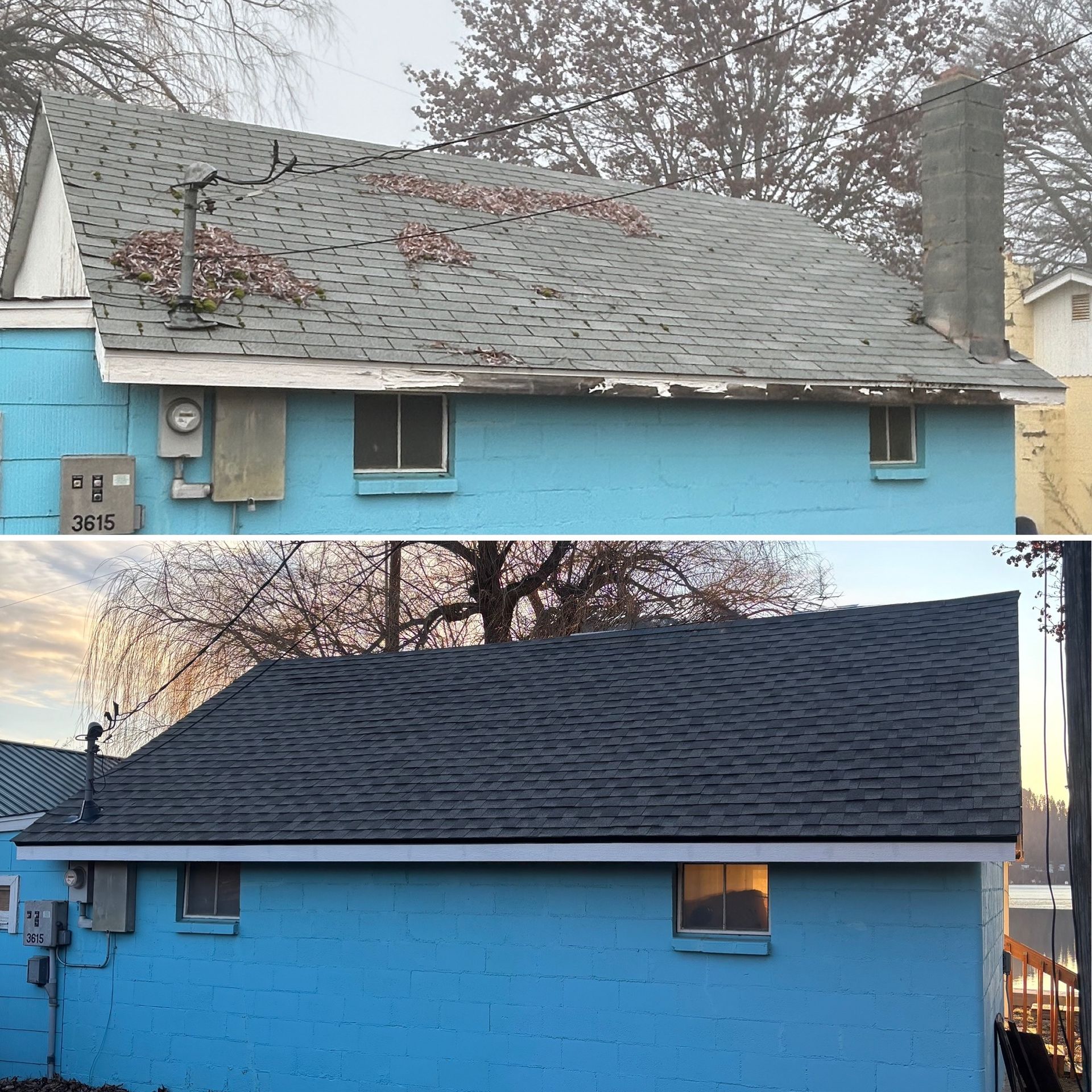 Before-and-after photo of a blue building roof replacement, showing a weathered, sagging roof replaced by a new dark one.