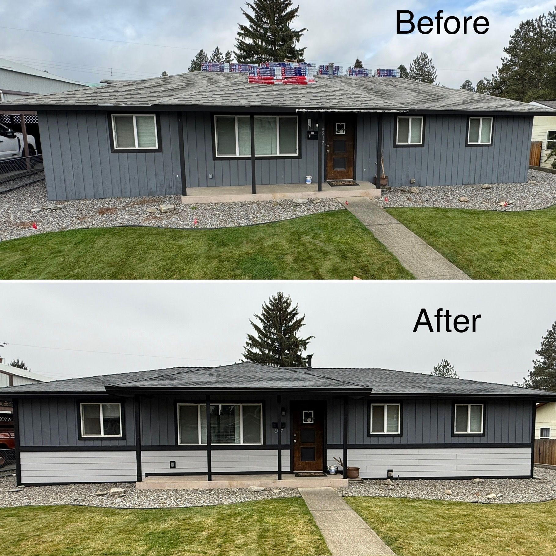 Before and after photos of a grey, single-story house with new siding on the bottom half of the exterior.