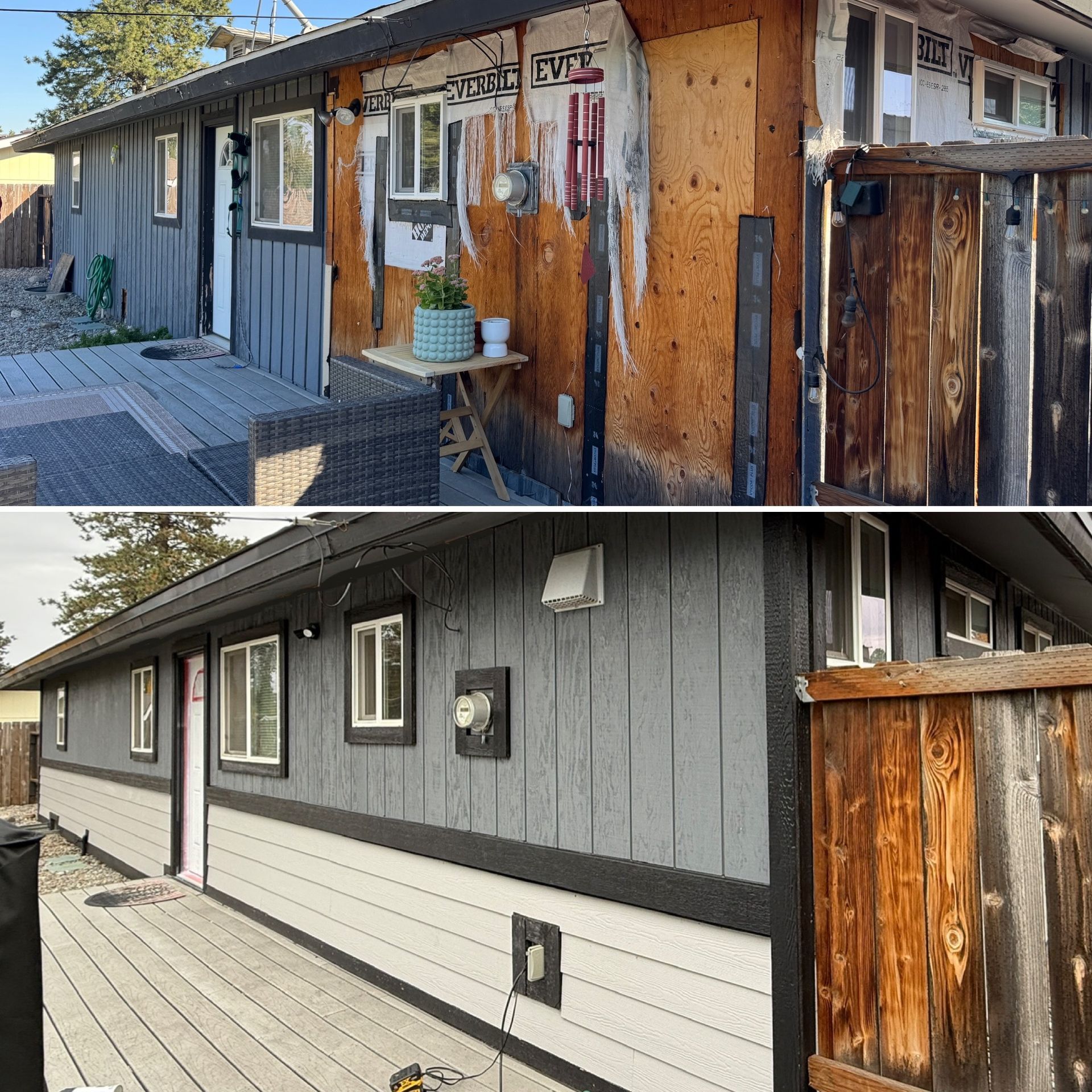 A split-view showing a house exterior before and after siding repairs and a two-tone gray and white paint job.
